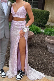 Two-Piece Sequins Appliques Lace-Up Back Mermaid Long Prom Dress