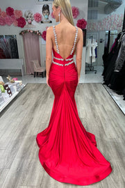 Red Surplice Open Back Beaded Mermaid Long Formal Dress