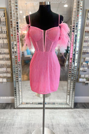 Pink Cold-Shoulder Bodycon Short Dress with Feathers