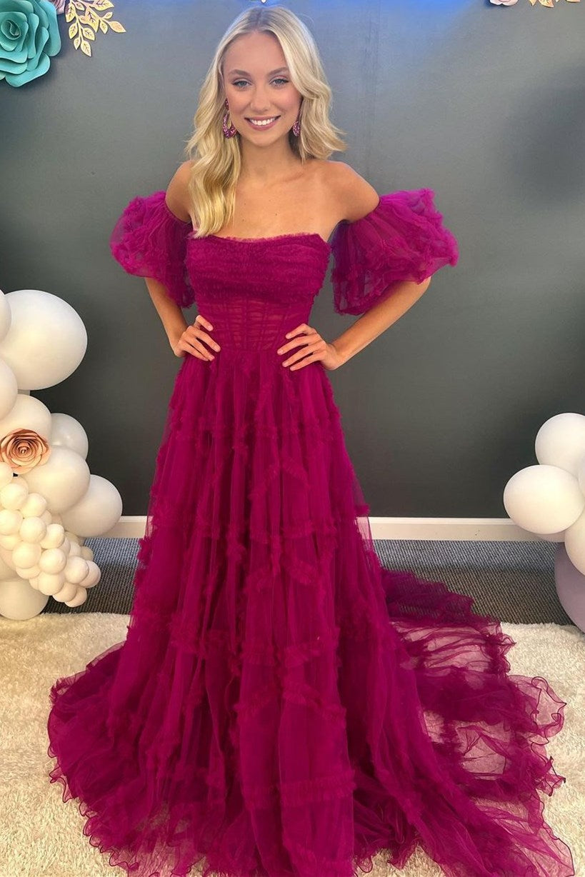 Magenta Strapless Ruffles A-Line Long Formal Dress with Puff Sleeves Modsele Magenta Strapless Ruffles A-Line Long Formal Dress with Puff Sleeves Modsele