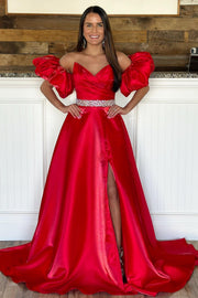 Red Strapless Beaded Belt Ball Gown with Detachable Sleeves
