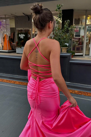 Pink Spaghetti Straps V-Neck Satin Bow Long Prom Dress with Slit