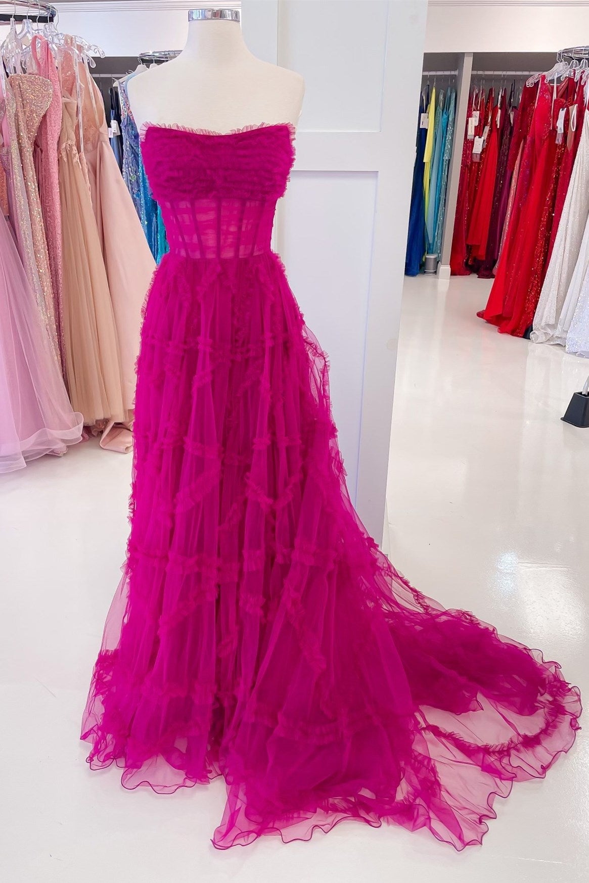 Magenta Strapless Ruffles A-Line Long Formal Dress with Puff Sleeves