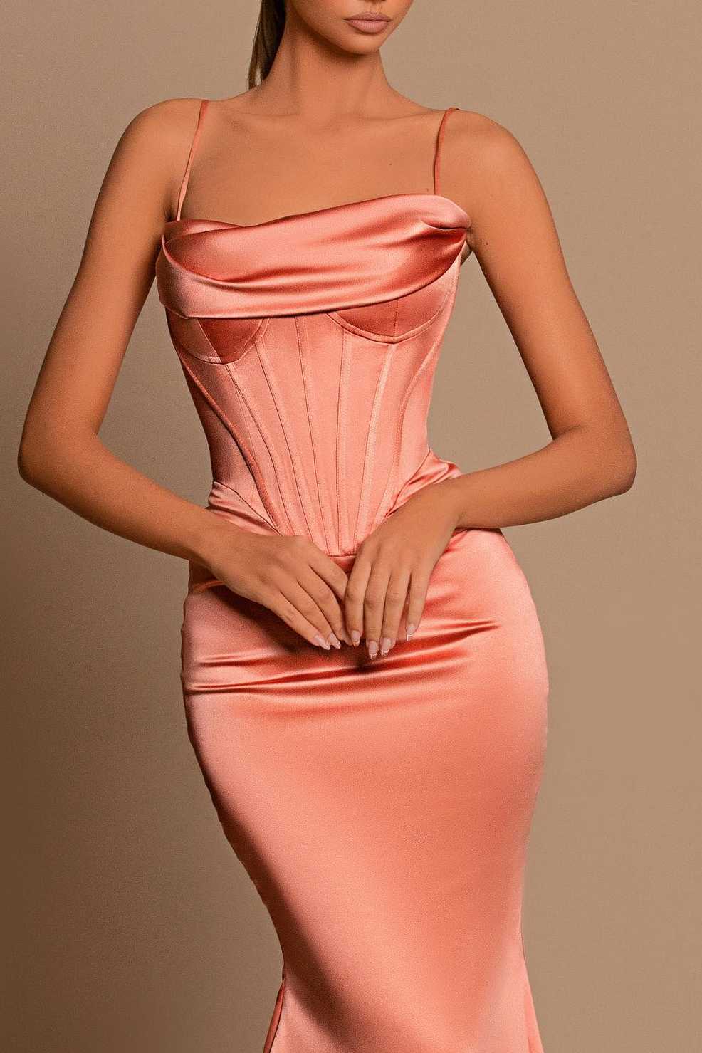 Spaghetti Straps Sleeveless Mermaid Satin Pleated Long Prom Dress