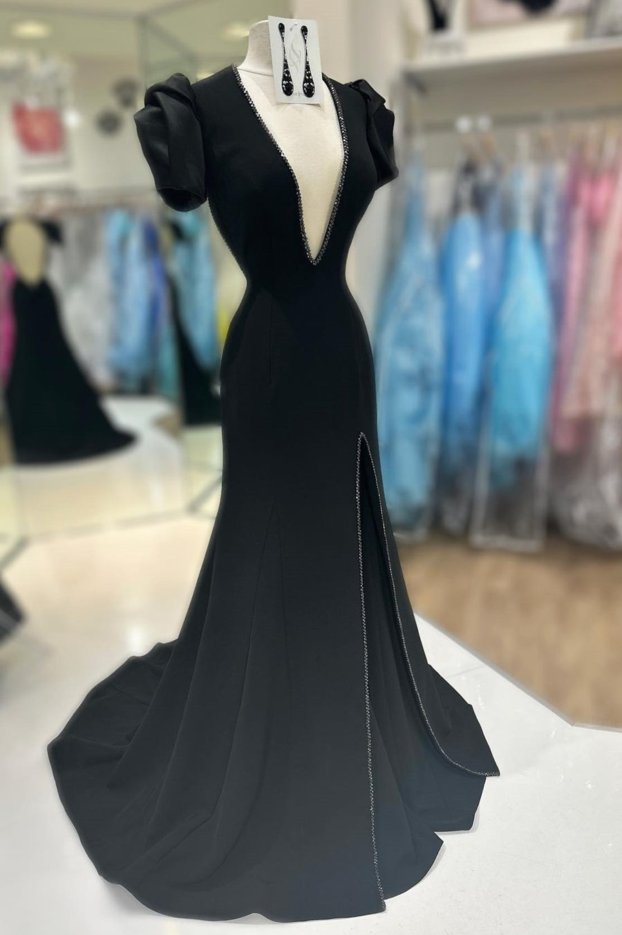 Black Beaded Plunge V Puff Sleeve Mermaid Long Prom Dress