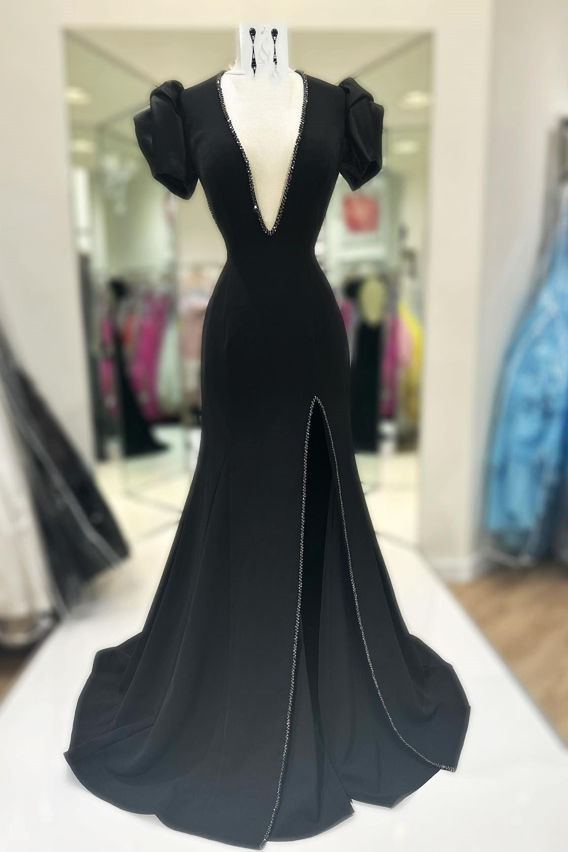 Black Beaded Plunge V Puff Sleeve Mermaid Long Prom Dress