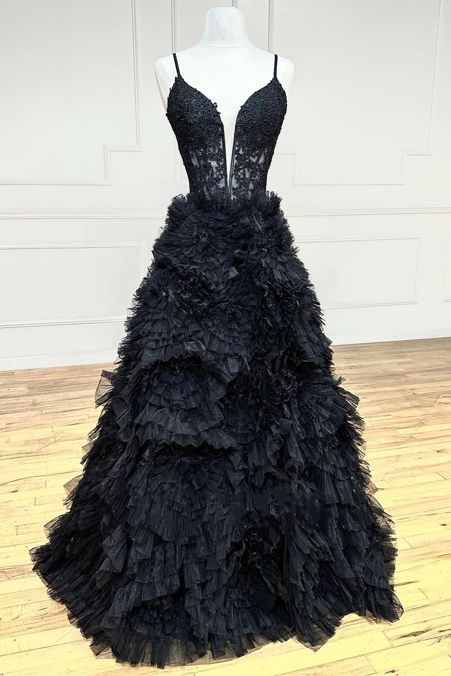 Black Plunge V Spaghetti Strap Ruffle Tiered Long Gown