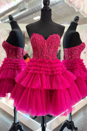 Pink Tulle Sweetheart Tiered A-Line Short Party Dress with Ruffles