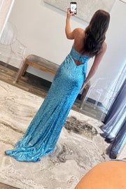 Royal Blue Sequin Keyhole Straps Mermaid Long Prom Dress with Slit