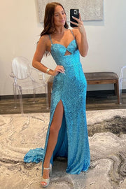 Royal Blue Sequin Keyhole Straps Mermaid Long Prom Dress with Slit