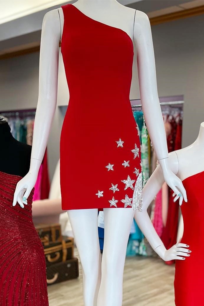 Beaded Stars Red One-Shoulder Short Homecoming Dress