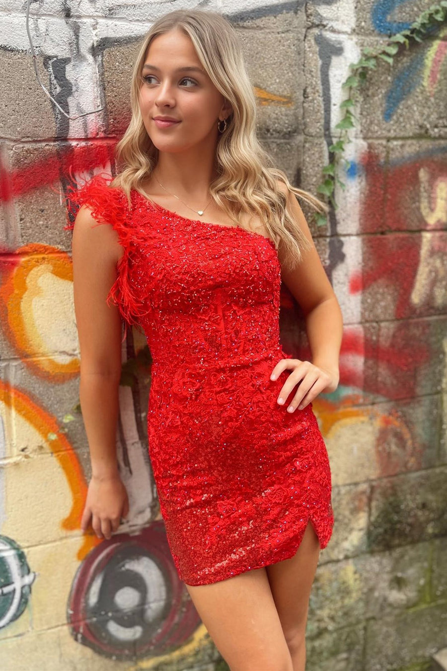 One-Shoulder Red Sequin Lace Short Homecoming Dress with Feathers