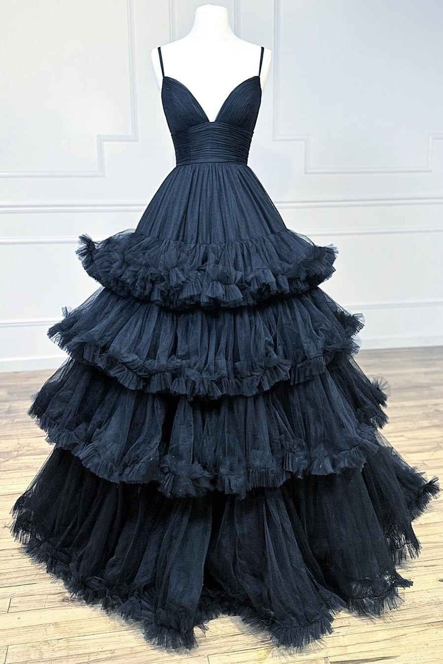 Black Tulle V-Neck Tiered Long Gown with Ruffles