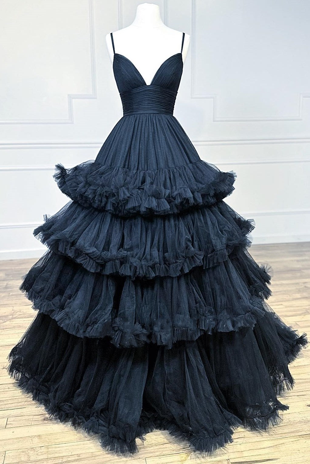 Black Tulle V-Neck Tiered Long Gown with Ruffles – Modsele