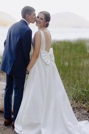 White Satin Bateau Beaded Wedding Dress with Bow
