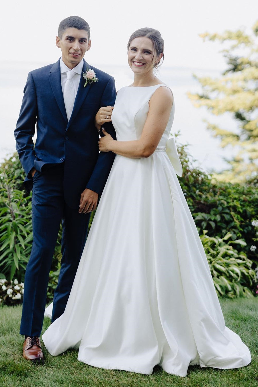 White Satin Bateau Beaded Wedding Dress with Bow Modsele White Satin Bateau Beaded Wedding Dress with Bow Modsele
