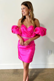 Hot Pink Strapless Short Cocktail Dress with Detachable Sleeves