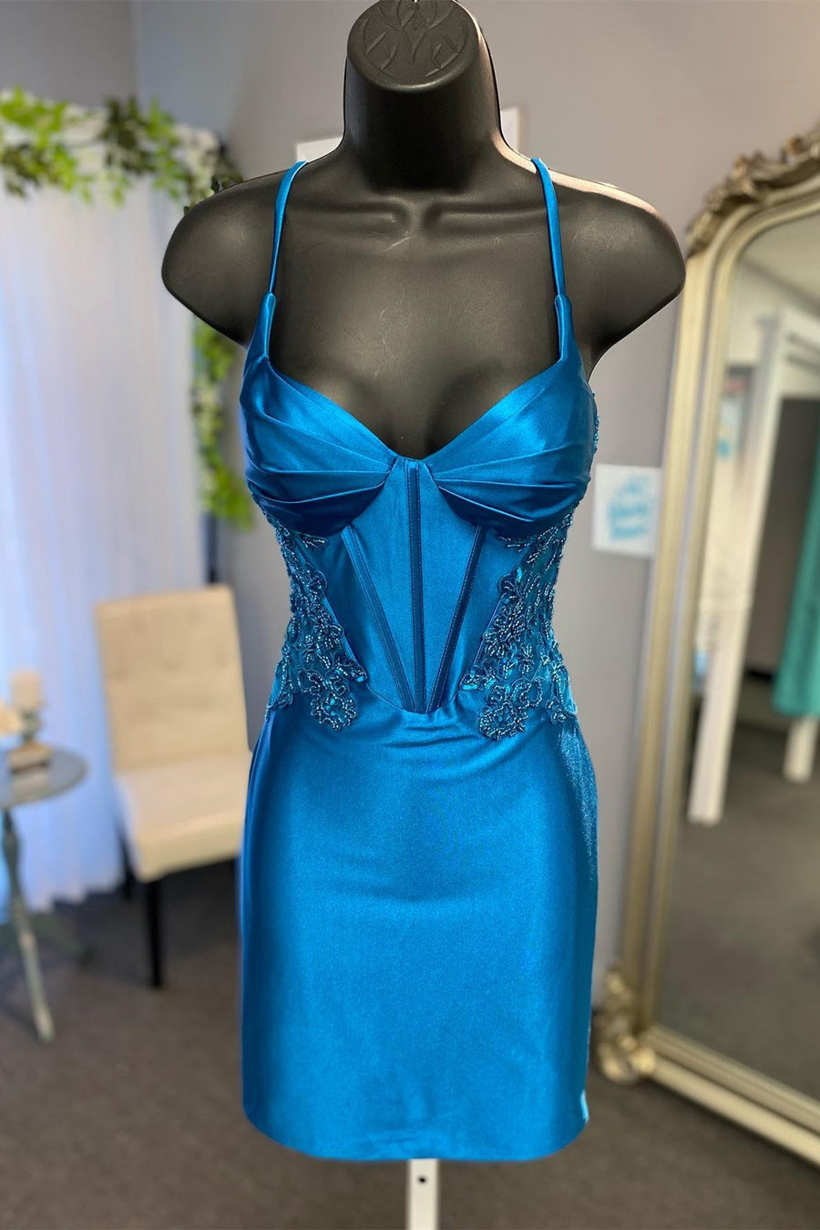 Peacock Blue Bustier Bodycon Short Gown with Appliques