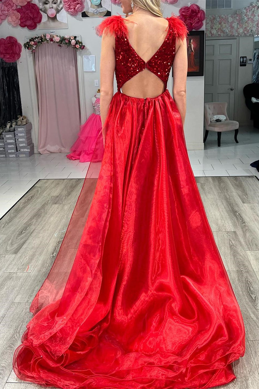 Red Sequin Plunge V Mermaid Long Dress with Attached Train