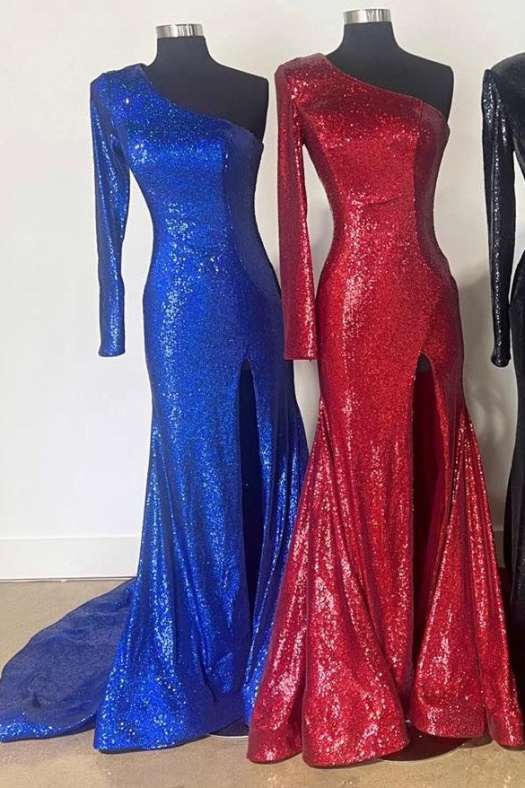 Rainbow Sequin One-Shoulder Mermaid Long Prom Dress
