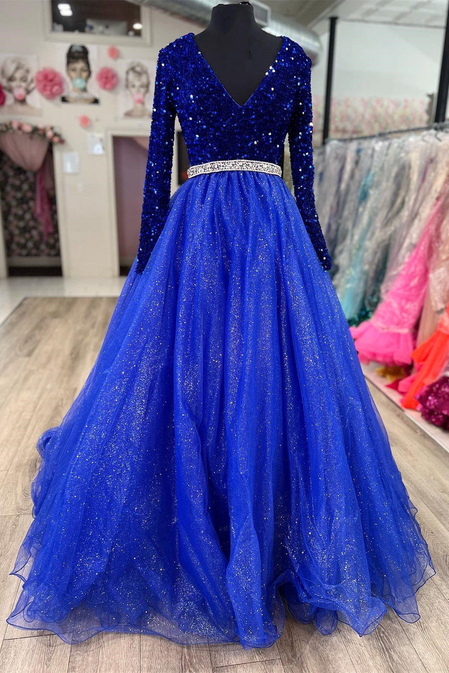 Blue Sequin Tulle Plunge V Long Sleeve A-Line Prom Dress