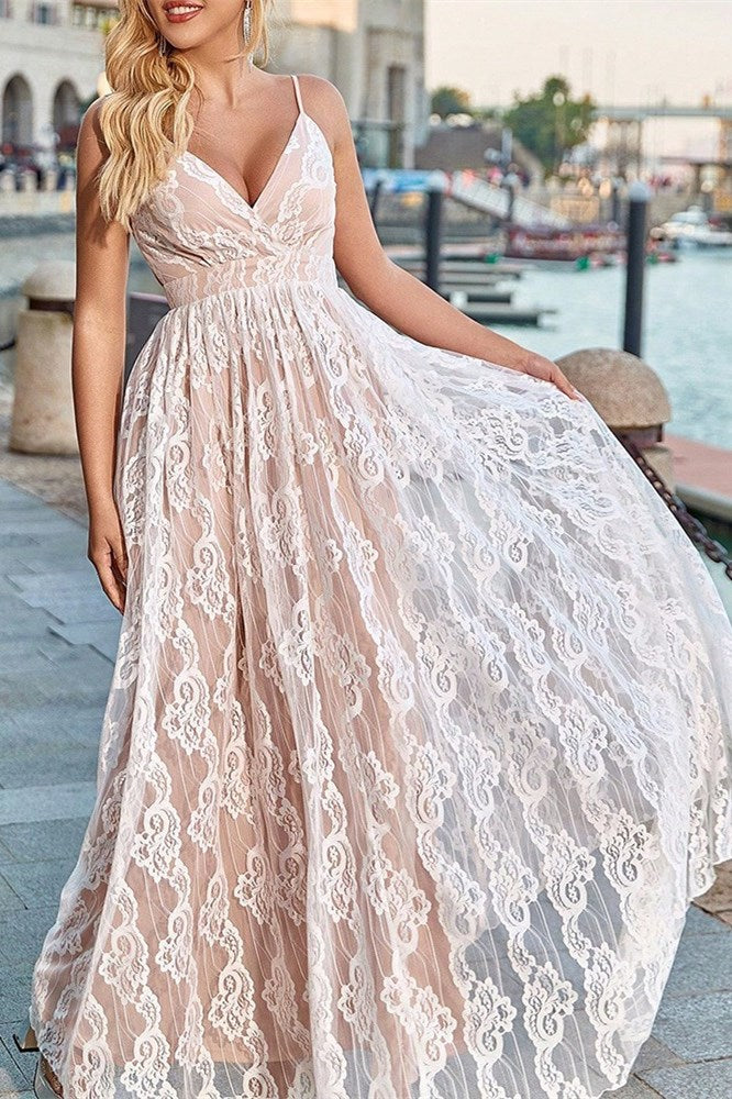 V-Neck Spaghetti Strap Lace Dress in Ivory