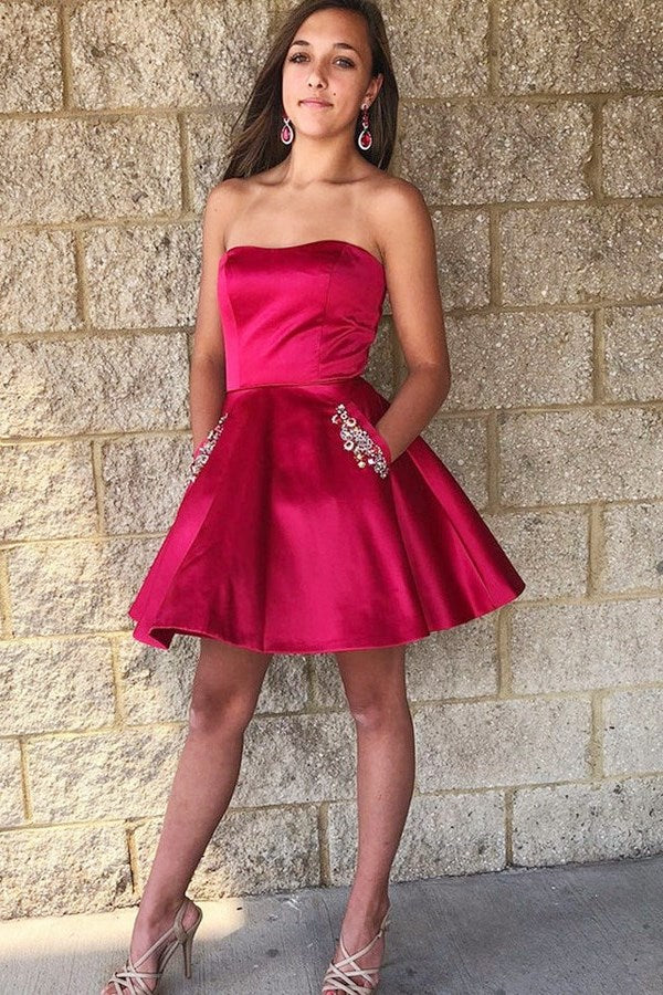 Red Strapless A-Line Short Homecoming Dress with Pockets