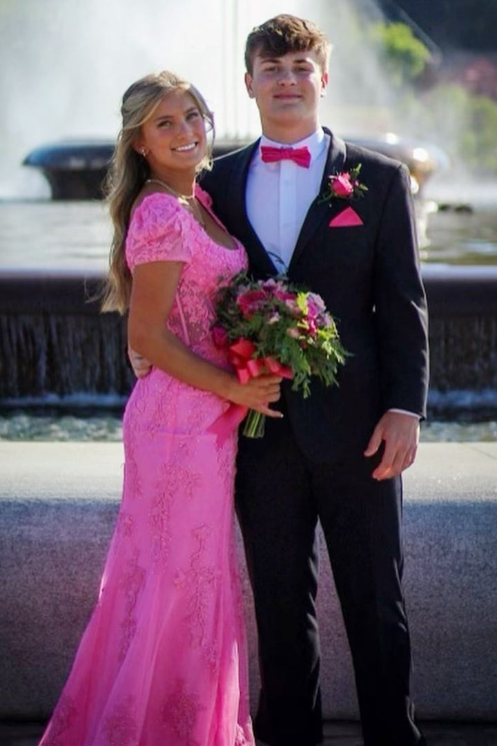 Ivory Square Neck Puff Sleeves Appliques Tulle Long Prom Dress