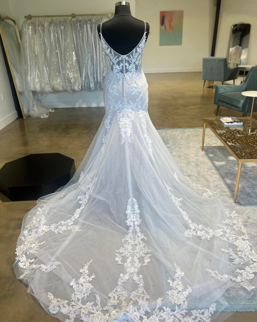 Ivory Floral Lace Plunge V Trumpet Long Bridal Gown