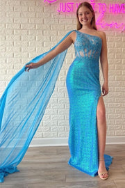 Green Sequin Lace One-Shoulder Long Formal Dress with Attached Train