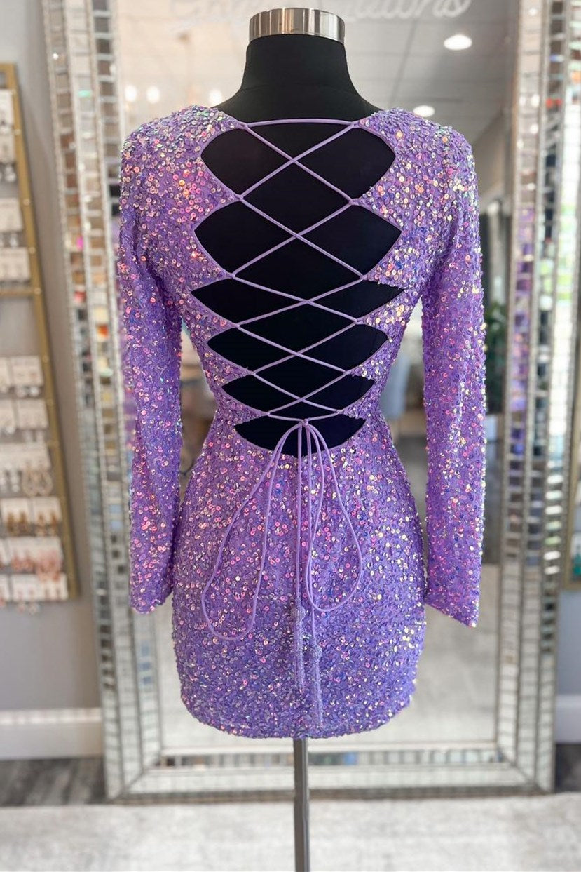 Purple Sequin Lace-Up Short Party Dress with Long Sleeves Modsele Purple Sequin Lace-Up Short Party Dress with Long Sleeves Modsele
