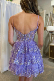 Light Blue Sequin Lace Corset Bodice Tiered Homecoming Dress