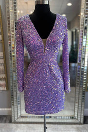 Purple Sequin Lace-Up Short Party Dress with Long Sleeves