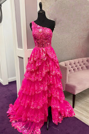 Gold Tulle Sequin One-Shoulder Ruffle Long Prom Dress with Slit