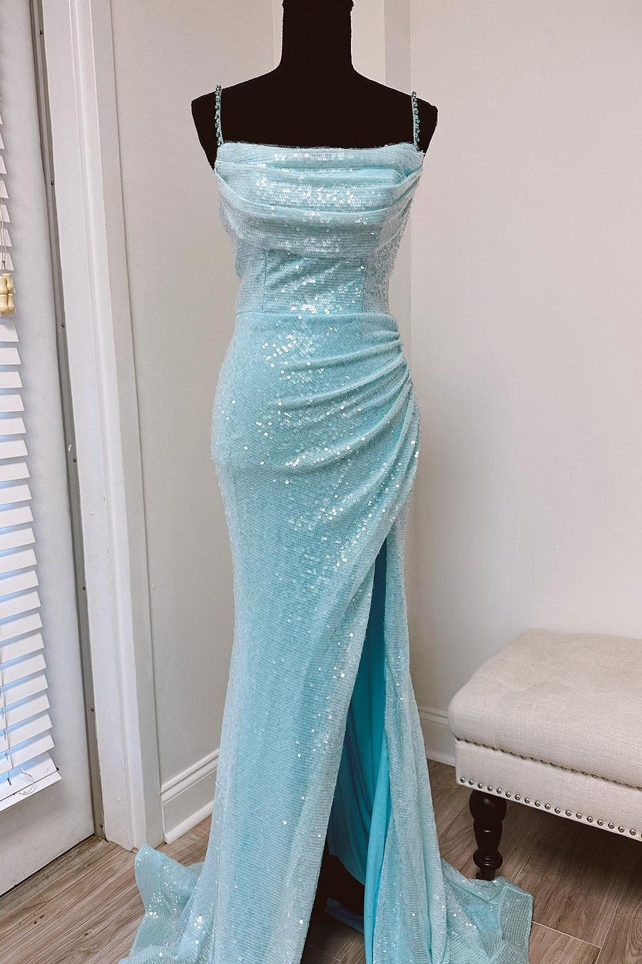 Periwinkle Sequin Cowl Neck Backless Mermaid Long Dress with Slit