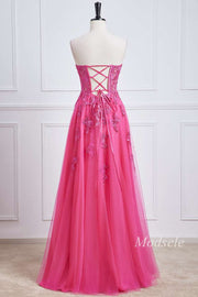 Hot Pink Appliques Sweetheart Lace-Up Long Prom Dress