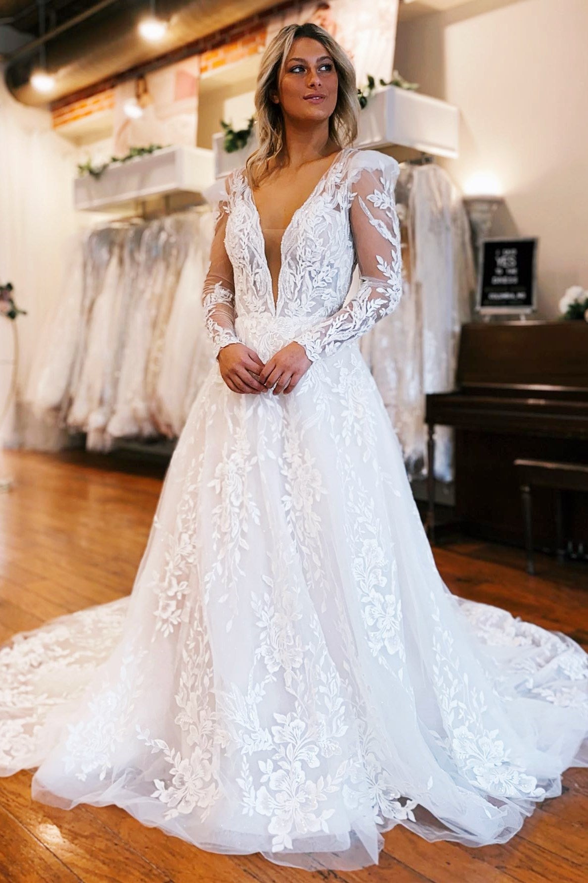 Ivory Appliques Plunge V A-Line Long Wedding Dress with Long Sleeves –  Modsele