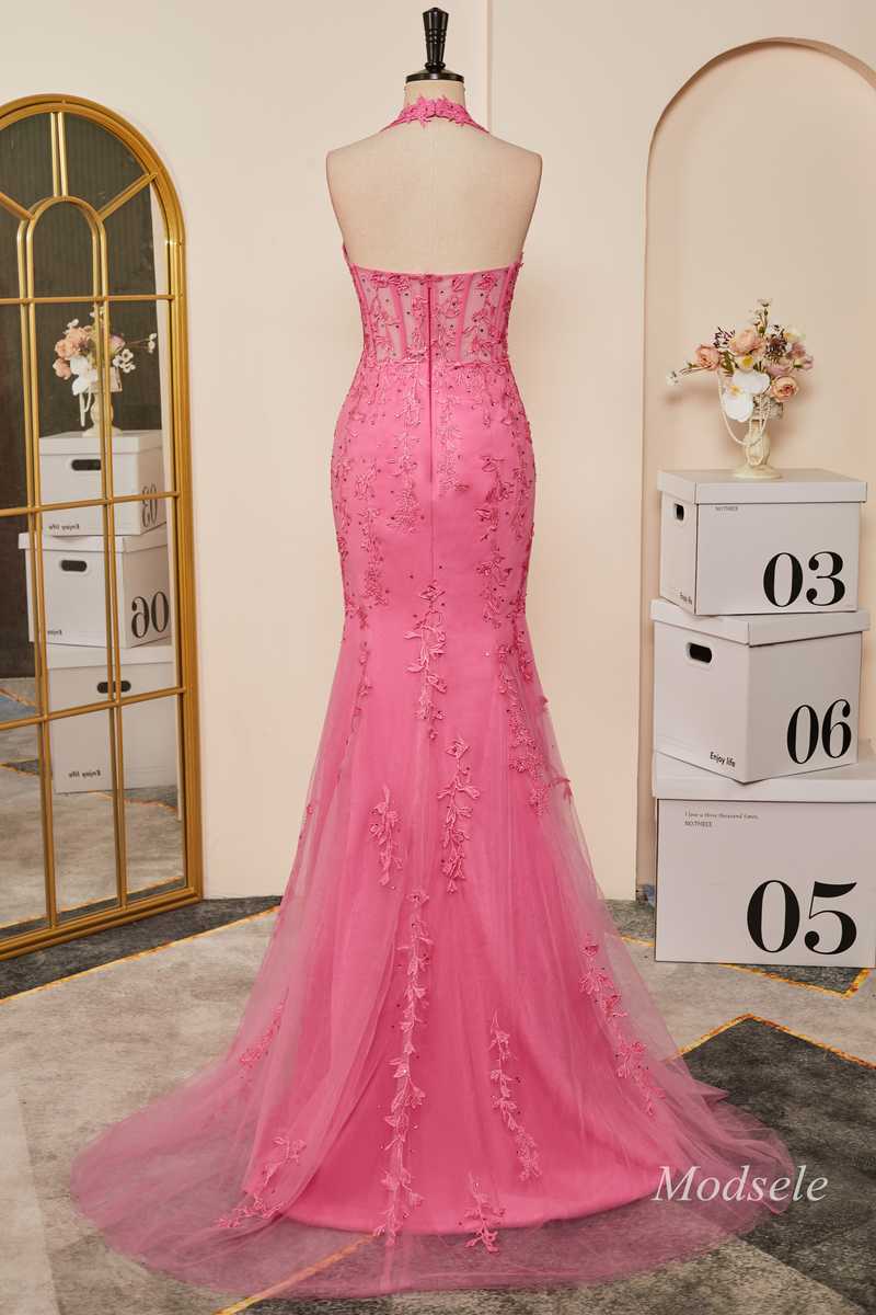 Hot Pink Appliques Halter Mermaid Long Prom Dress with Slit Modsele Hot Pink Appliques Halter Mermaid Long Prom Dress with Slit Modsele