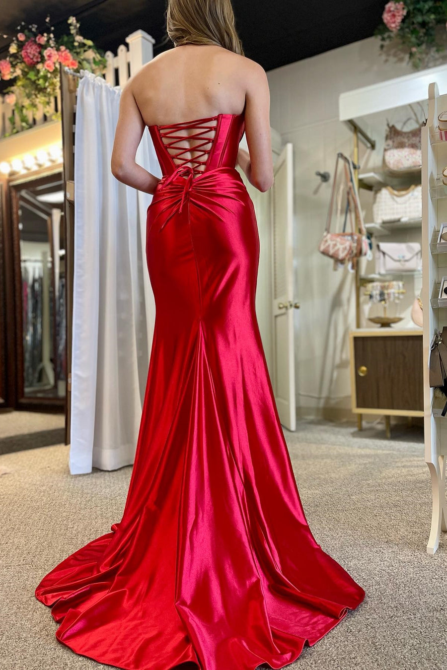 Red Strapless Twist-Front Mermaid Long Dress with Slit Modsele Red Strapless Twist-Front Mermaid Long Dress with Slit Modsele