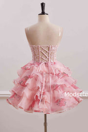 A-Line Cute  Strapless Sweetheart Print Ruffles Short Homecoming Dress