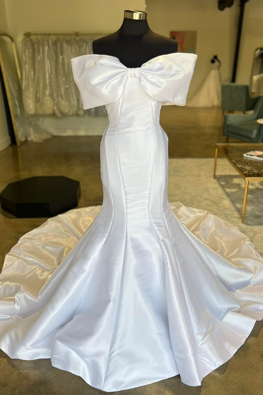 White Off-the-Shoulder Bow Trumpet Long Wedding Dress – Modsele