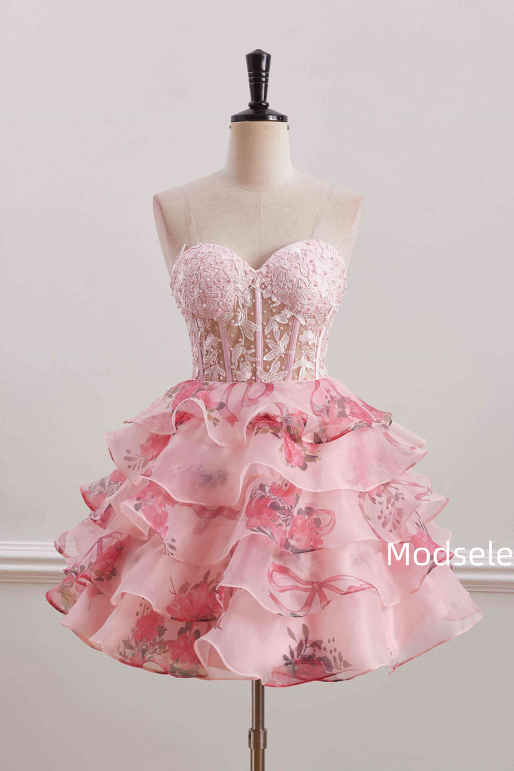 A-Line Cute  Strapless Sweetheart Print Ruffles Short Homecoming Dress