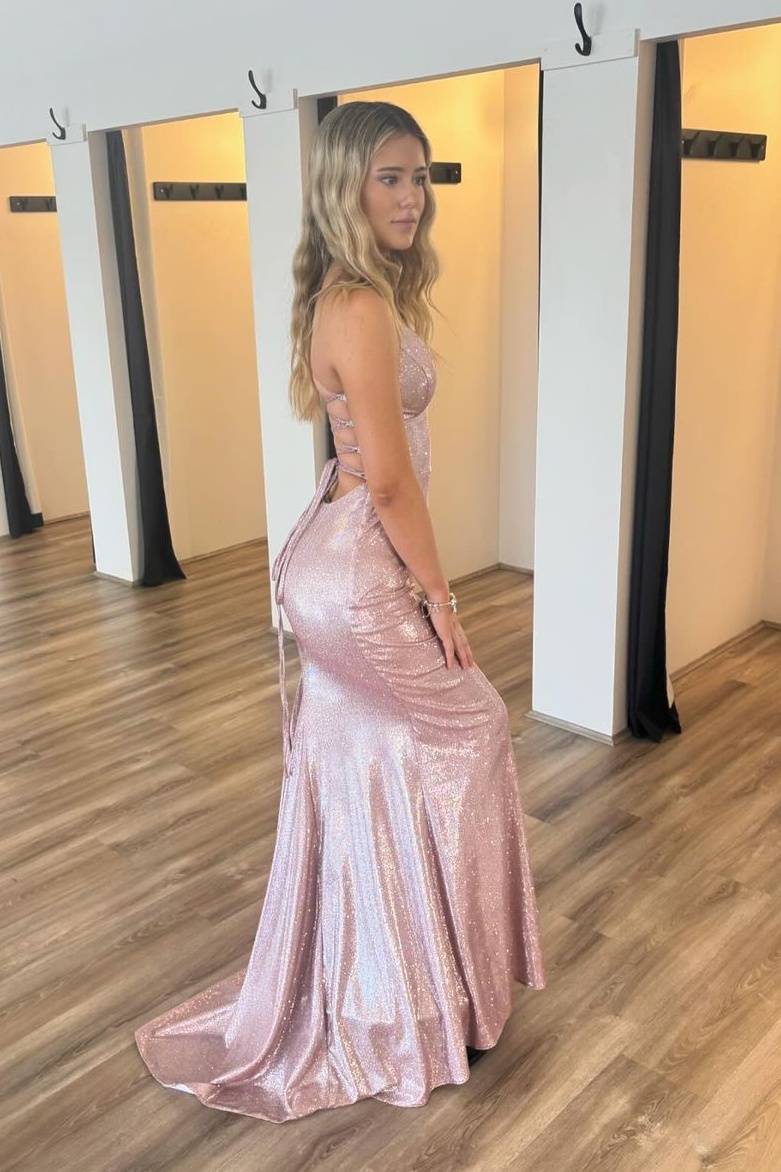 Spaghetti Straps V-Neck Pink Sequined Mermaid Sleeveless Long Prom Party Dress