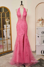 Hot Pink Appliques Halter Mermaid Long Prom Dress with Slit