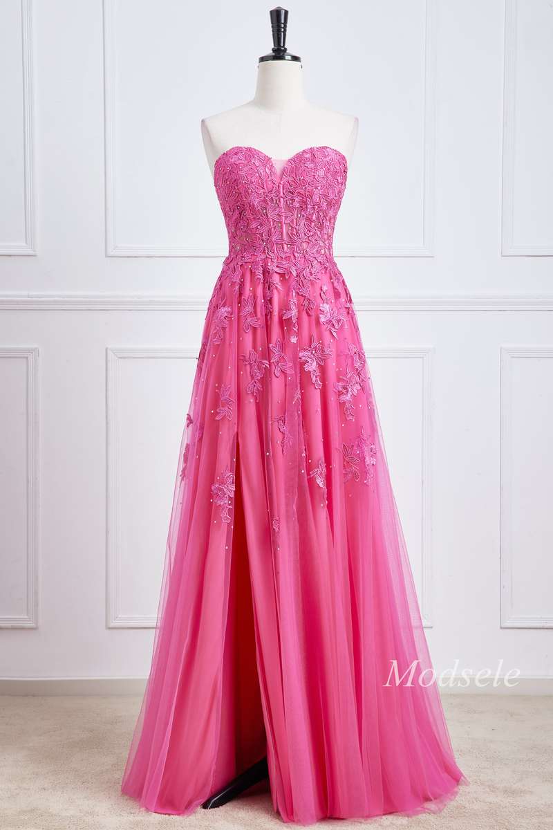 Hot Pink Appliques Sweetheart Lace-Up Long Prom Dress – Modsele