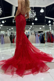 Red Tulle Appliques Scoop Neck Lace-Up Mermaid Long Dress