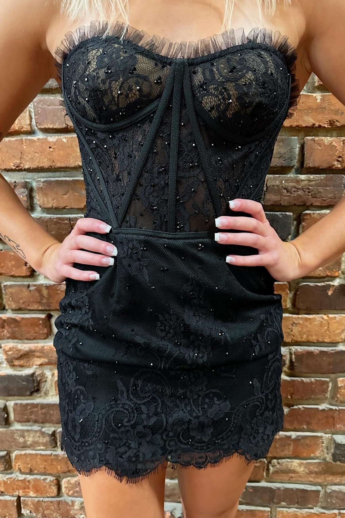 Black Strapless Eyelash Lace Short Dress – Modsele