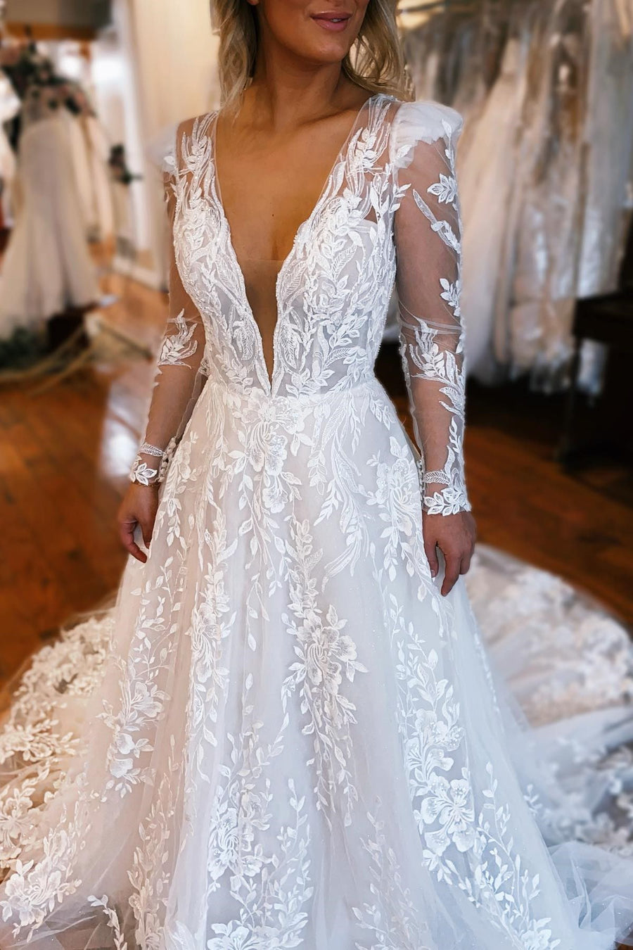 Ivory Appliques Plunge V A-Line Long Wedding Dress with Long Sleeves