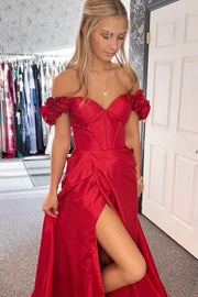 Red Corset Straps A-Line Long Prom Dress with Slit