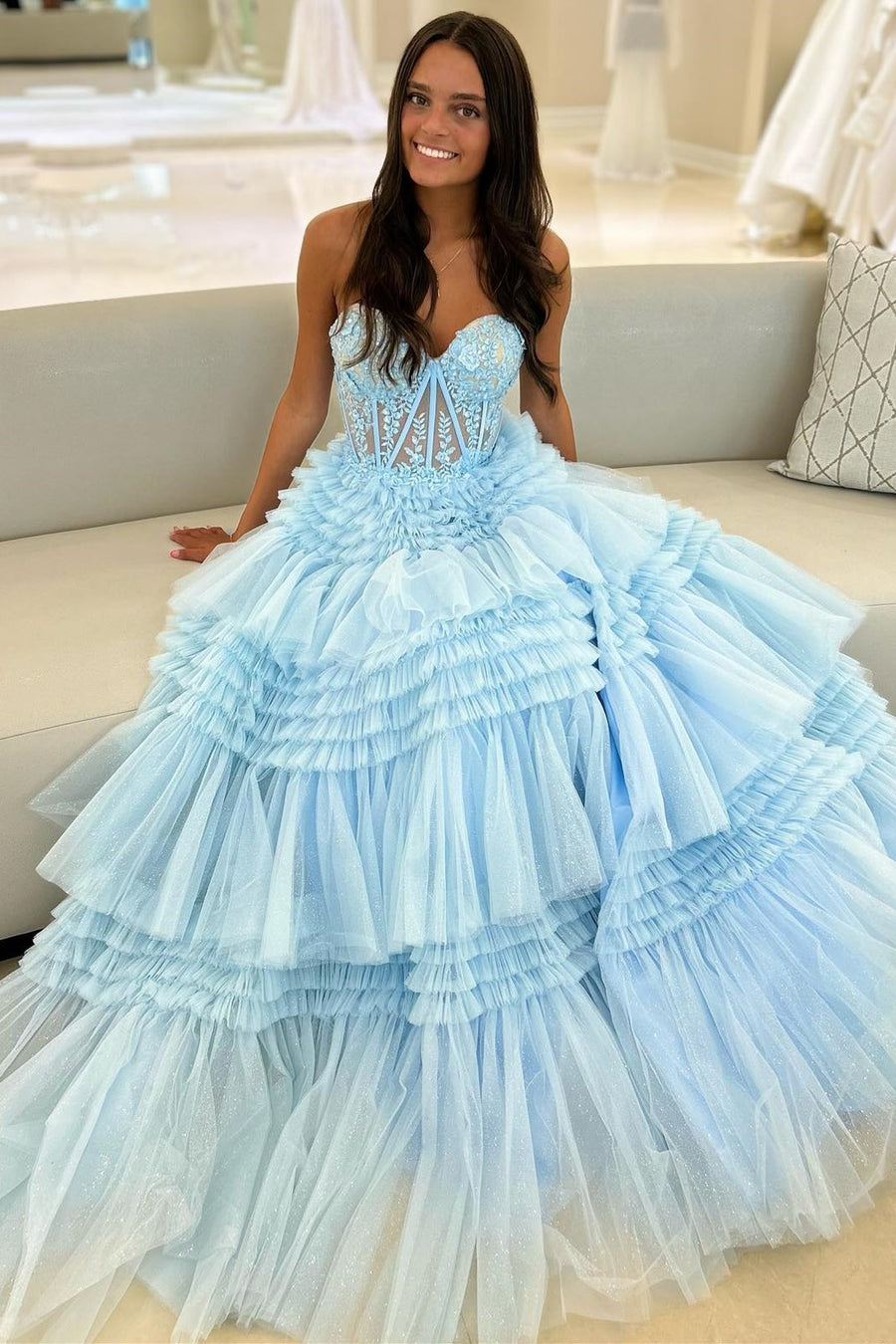 Ruffled Off-shoulder Sweetheart Blue Tulle Prom Dress